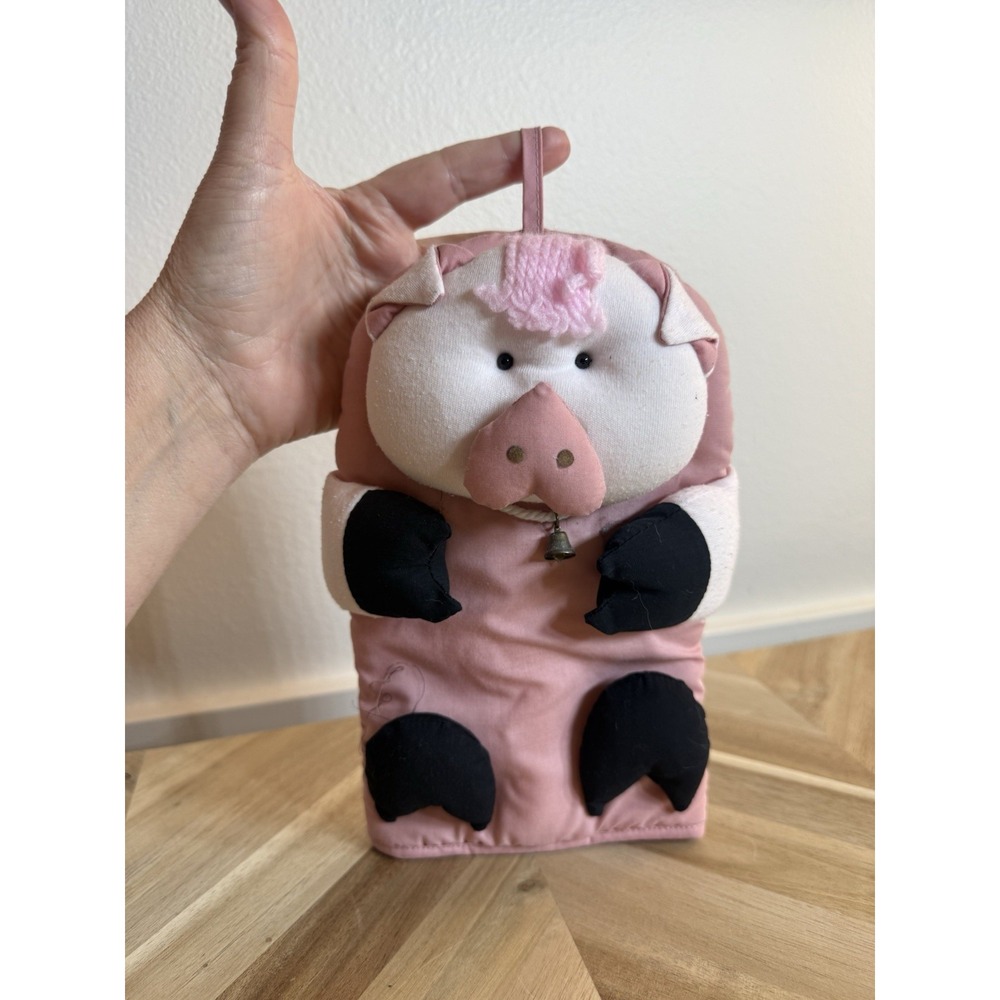 VTG Pink Plush Piggy w/bell Hanging Potholder Cottagecore Farmhouse Adorable